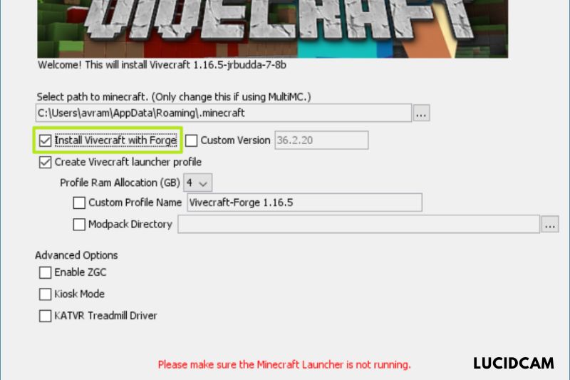 Install is selected after selecting Install Vivecraft with Forge
